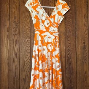 Maggy London Orange and White Floral Wrap Maxi Dress